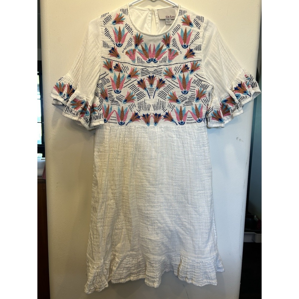 Chloe Oliver Anthropology Embroidered Size XSmall Short Sleeve Ivory Dress EUC
